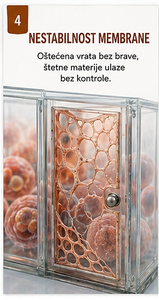 Četvrti kvar, nestabilnost membrane: oštećena vrata bez brave, štetne materije ulaze bez kontrole.